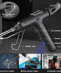 80W All In One Soldering Iron And Soldering Gun Kit with Ceramic Heater, highlighting features like tin rack, used for electronics repair.
