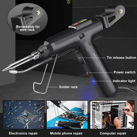 80W All In One Soldering Iron And Soldering Gun Kit with Ceramic Heater, highlighting features like tin rack, used for electronics repair.
