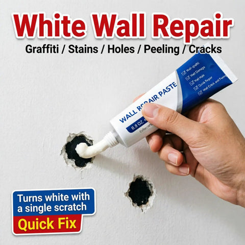 Hand using Wall Repair Paste Kit For Drywall Cracks And Nail Holes, Quick And Easy Spackle Cream on holes in a white wall