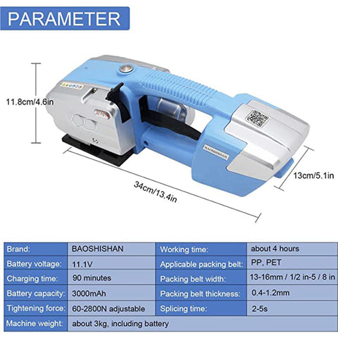Heavy Duty Electric Strapping Machine With Hot Melt Welding and Adjustable Tension, 34cm long, compact and portable design.