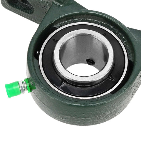Green cast-iron pillow block bearing with 1-inch bore and visible inner race