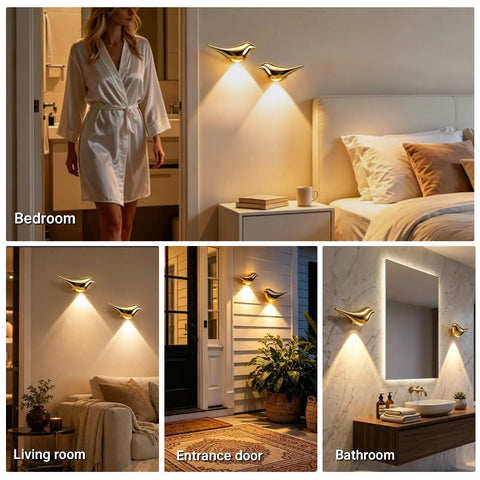 Super Sleek Bird Motion Sensor Wall Light With Heavy Duty Rechargeable Battery 2 Pack Zero Hassle USB Setup Works Like A Charm For Closets And Hallways All Year Round, installed in bedroom and entrance areas.