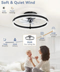 Top Tier 20 Inch Low Profile Ceiling Fan With Slick Dimmable Light And Wireless Remote Control Delivering Chill Six Speed Airflow For Cozy Master Bedrooms Modern Flush Mount Fixture In Matte Black in a cozy bedroom with a child.
