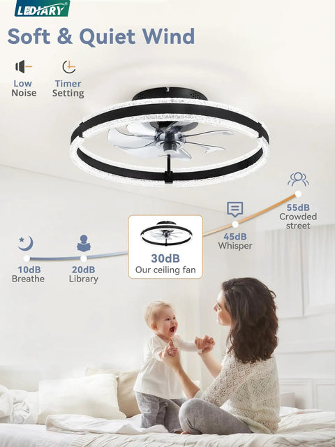 Top Tier 20 Inch Low Profile Ceiling Fan With Slick Dimmable Light And Wireless Remote Control Delivering Chill Six Speed Airflow For Cozy Master Bedrooms Modern Flush Mount Fixture In Matte Black in a cozy bedroom with a child.