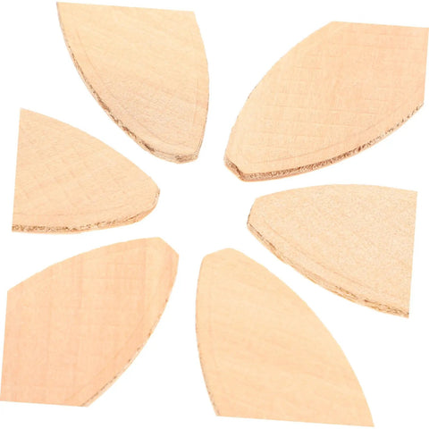 Close-up of Straight Shooting 100 Piece Woodworking Biscuit Slots for Domino Joints, natural wood with oval shape for strong joints.