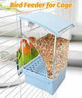 Foolproof Transparent Bird Feeder With Sturdy Perch, Spill Proof Acrylic Cage Food Container For Budgies Cockatiels And Parakeets, Hassle Free No Mess Daily Feed Dispenser Blue with birds.