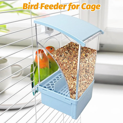 Foolproof Transparent Bird Feeder With Sturdy Perch, Spill Proof Acrylic Cage Food Container For Budgies Cockatiels And Parakeets, Hassle Free No Mess Daily Feed Dispenser Blue with birds.