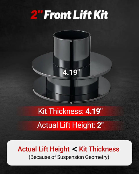 Hella Sturdy Two Inch Front Leveling Lift Kit For Ford F250 And F350 Super Duty 4WD black steel strut spacer with dimensions shown.