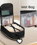 Open Carry On Travel Backpack With Shoe Compartment And Luggage Tag, TSA Approved Personal Item Bag for Women and Teens, showing wet bag.