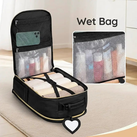 Open Carry On Travel Backpack With Shoe Compartment And Luggage Tag, TSA Approved Personal Item Bag for Women and Teens, showing wet bag.