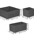 Super Sturdy Foldable Drawer Clothing Organizer Set Eight Piece Gray Fabric Wardrobe Dividers in three sizes displayed with dimensions