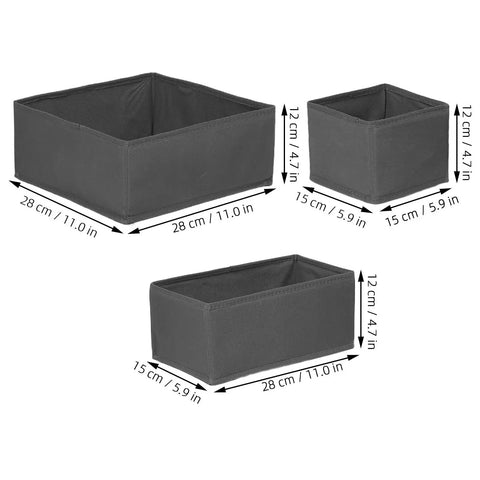 Super Sturdy Foldable Drawer Clothing Organizer Set Eight Piece Gray Fabric Wardrobe Dividers in three sizes displayed with dimensions