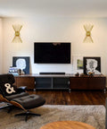 Living room with antique brass two light modern mid century wall sconce, hardwired brass wall light for bedroom and living room.