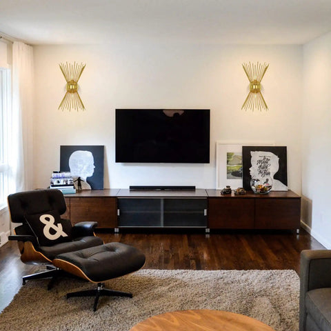 Living room with antique brass two light modern mid century wall sconce, hardwired brass wall light for bedroom and living room.