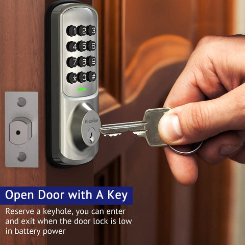 Hand using key on Keyless Entry Door Lock With Keypad For Front, Bedroom, And Garage, Auto Lock, 1-Touch Motorized Locking, 20 User Codes