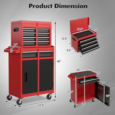 Rolling Tool Chest With Five Drawers, Lockable Wheels, Sliding Drawers, Detachable Top, And Adjustable Shelf in Red and Black