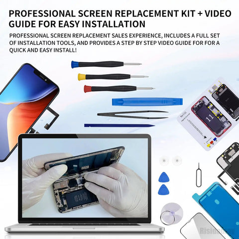 IPhone 11 6.1 Inch Screen Replacement DIY Kit With Earpiece And Sensor Full Assembly 3D Touch LCD Digitizer Front Glass Repair Tools Magnetic Screw Mat A2111 A2223 A2221 with tools and video guide displayed.