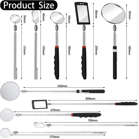 Five Piece Telescoping Inspection Mirror Set with round stainless steel mirrors and long handles, shown in various lengths.