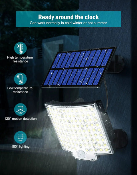 Outdoor Solar Wall Light With 106 LED Motion Sensor IP65 Waterproof, shown mounted with split solar panel on a wall.