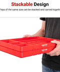 Two red 10 Compartment Organizer Tray In Black For Drawer Storage, Ultra Slim 1.5 Inch Tall, held by person, showing stackable design.