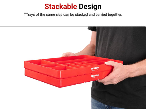Two red 10 Compartment Organizer Tray In Black For Drawer Storage, Ultra Slim 1.5 Inch Tall, held by person, showing stackable design.