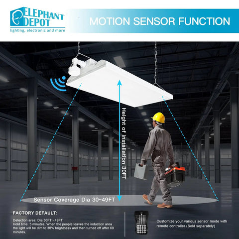 4Ft Led Linear High Bay Shop Light Offering 300W Output And Slick Dimmable Controls Features Smart Motion Sensor illuminating a warehouse.
