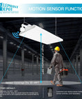 Heavy Duty Led Linear High Bay Workhorse With Motion Sensor, 210 Watt 2 Pack overhead view in warehouse with sensor details.