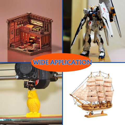 Gundam Model Tool Kit 28 Piece All In One Hobby Building Set showing diorama, robot, 3D print, and ship model uses.