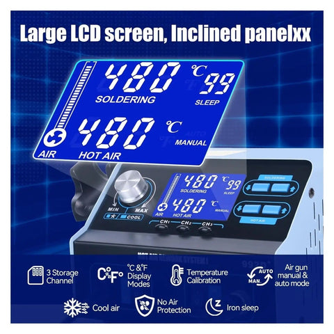 992D Plus All In One Pro Grade Soldering Station with LCD display and controls for hot air rework, PCB phone ICs and BGA repair