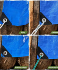 Heavy Duty Waterproof Tarp Outdoors 5 Mil 6x8 Feet with Reinforced Grommets and Corners in use with rope and carabiners