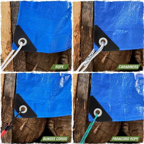 Heavy Duty Waterproof Tarp Outdoors 5 Mil 6x8 Feet with Reinforced Grommets and Corners in use with rope and carabiners