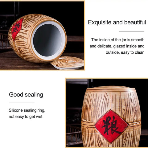 Solid Ceramic Rice Bucket Jar With Lid, Airtight Food Storage Crock For Grains Snacks Coffee Beans Dispenser, Gotta Have Kitchen Flex That Seals Up Freshness Tight All Day Long, showing smooth glazed interior.