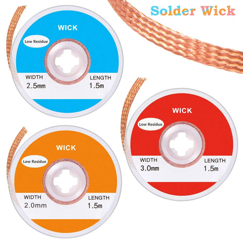 3 Pack No Clean Solder Braided Wicks For Desoldering, Solder Removal Tool, 0.12/0.1/0.08 Inch Width, 1.5 Meter Length Each