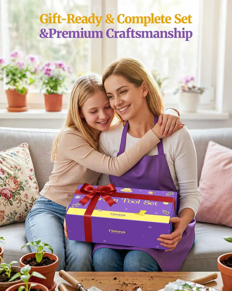 Two women smiling, holding 10-Piece Garden Tool Set With Pro-Grade Stainless Steel Rust-Proof Tools Ergonomic Wood Handles Reinforced Organizer Bag
