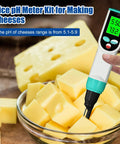 Digital Waterproof pH Meter With High Accuracy pH And Temperature Probe For Sourdough Cheese Solid And Liquid Foods next to cheese blocks