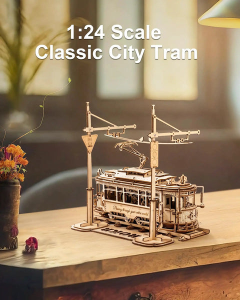 1:24 scale 3D Wooden Puzzle Model Car Kit For Adults Build A Classic Tram Train Set With Realistic Rails And Real Wood Finish