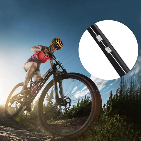 Cyclist on mountain bike with inset of Universal 2M Bike Brake And Gear Shifter Cable Set For Mountain Bikes With End Caps Ferrules.