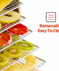 Heavy Duty Stainless Steel Food Dehydrator With Multi Layer Racks showing sliced fruits like kiwi, apple, and pineapple on removable racks.