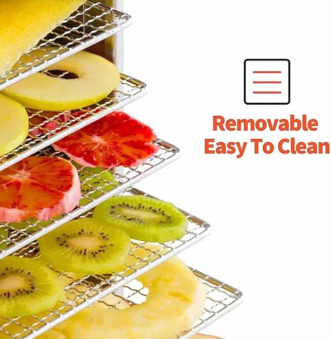 Heavy Duty Stainless Steel Food Dehydrator With Multi Layer Racks showing sliced fruits like kiwi, apple, and pineapple on removable racks.