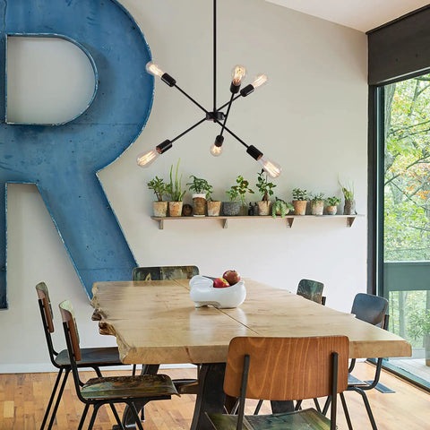 Dining room with Black Sputnik Chandelier With 6 Lights, Dope Modern Industrial Ceiling Light For Dining Room, mid-century style