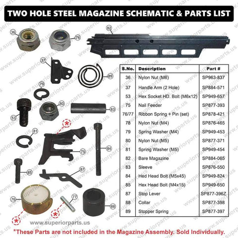 Beefy 2 Hole Steel Magazine Assembly For NR83A Nailers detailed parts schematic and list, includes bolts, springs, and arm components