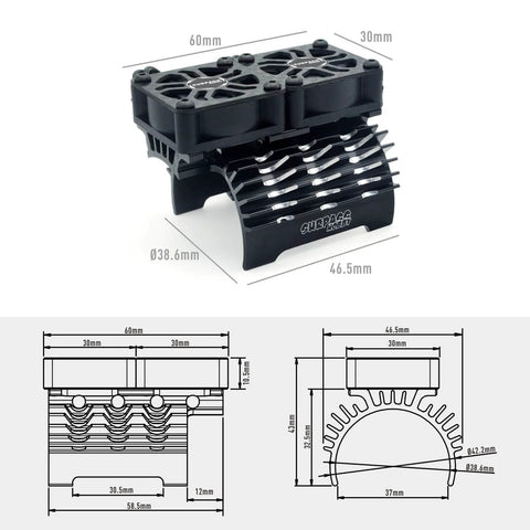 Beefed-Up Dual 30MM RC Car Cooling Fans With Aluminum Heatsink For 40 To 42mm Brushless Motors, Fits 1 To 7 Scale RC Cars