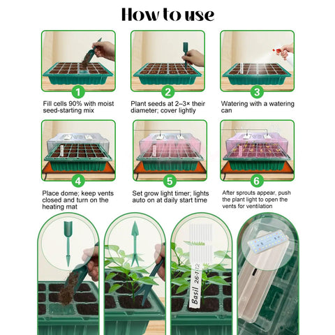 Instructions for using Seed Starter Tray With Grow Light And Heat Mat For Fast Germination Humidity Dome Timing Controller Adjustable Vent And Brightness Jumpstart Germination Station For Seed Starting And Seedling Growth.