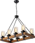 Wooden Farmhouse Pendant Light Fixture With Glass Shade Rectangular Ceiling Light For Kitchen Island Dining Room And Living Room