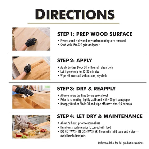 Instructions for using Straight Up Food Safe Butcher Block Oil and Clear Wood Finish for kitchen surfaces.