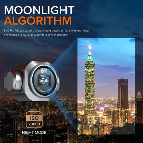 EVO II V2 Pro 6K Rugged Drone Bundle camera capturing vibrant night cityscape with ISO 20000 and enhanced moonlight algorithm.