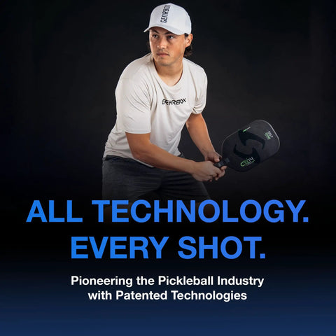 Player holding CX14H Next Level Power Hyper Pickleball Paddle With 3 5 Eighths Inch Handle, 8.5 Oz Weight, 3K Woven Carbon Fiber Face.