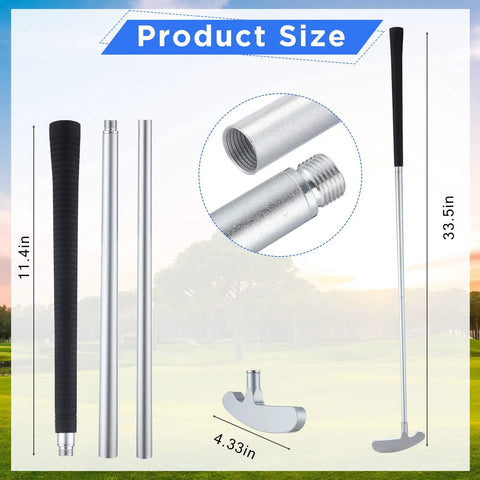 Diagram of Two Way Golf Putter Set With Three Putter Clubs And Six Practice Balls, showing dimensions and detachable parts.