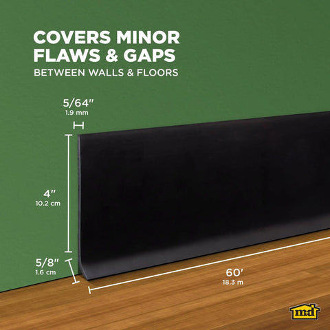 4 Inch Dry Back Vinyl Wall Base 60 Foot Roll Black Flexible Cove Base Molding for floors and baseboards with dimensions