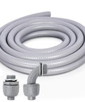 1 Inch Liquid Tight Conduit 5 Ft Non Metallic Flex Cable Sleeve With Hella Smooth PVC Interior, features elbow and straight fittings.